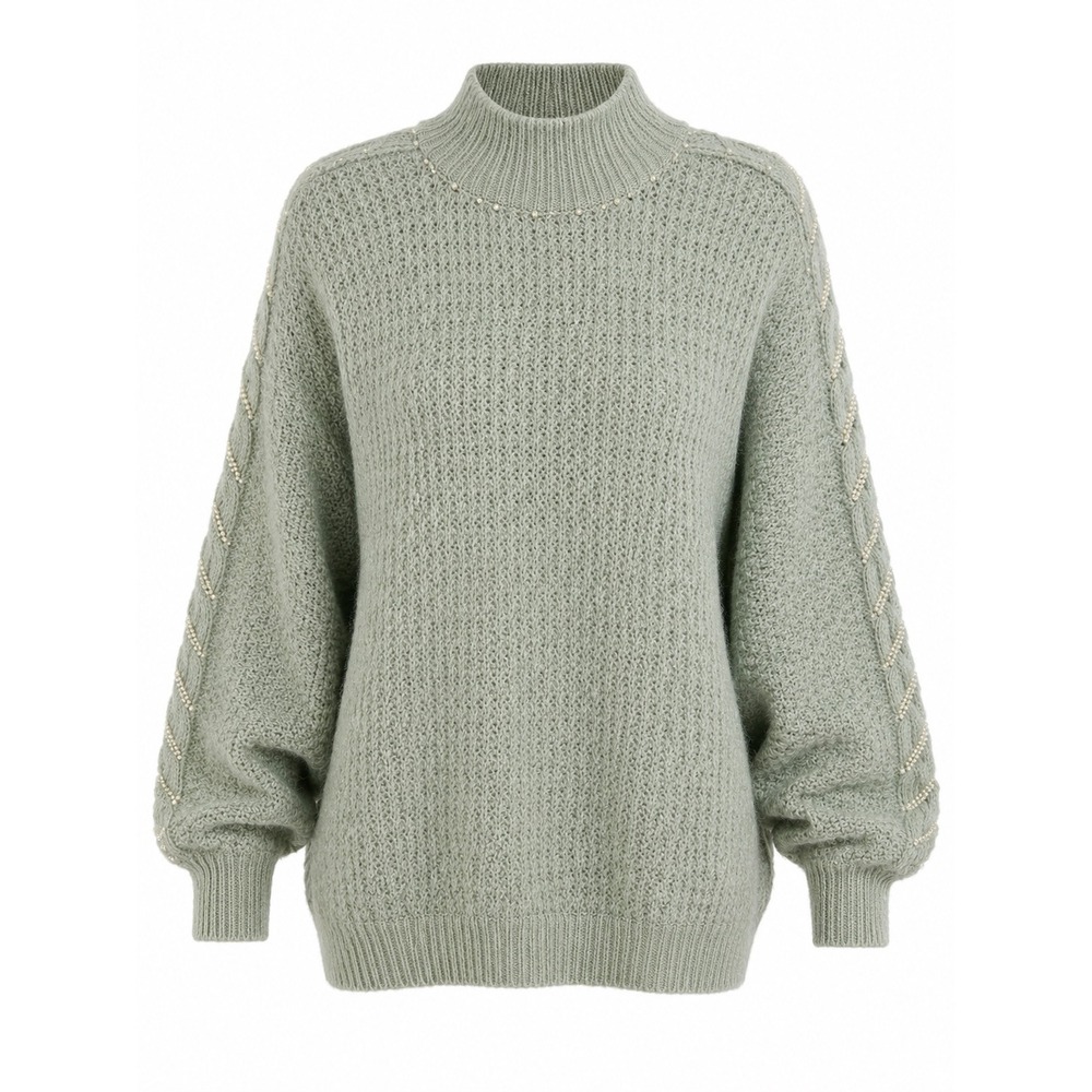 Adolfo Collections Sage Green Pearl Sweater Large Mockโ Neck Bouclรฉ Knit Y2K